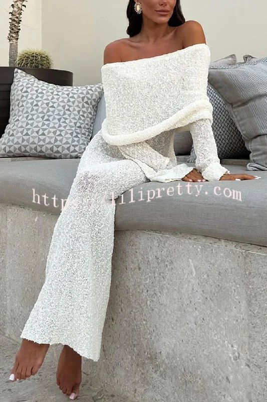 Marisol Ribbed Boucle Material Draped Off Shoulder Stretch Vacation Maxi Dress Fashionable Open-Back Maxi Dress