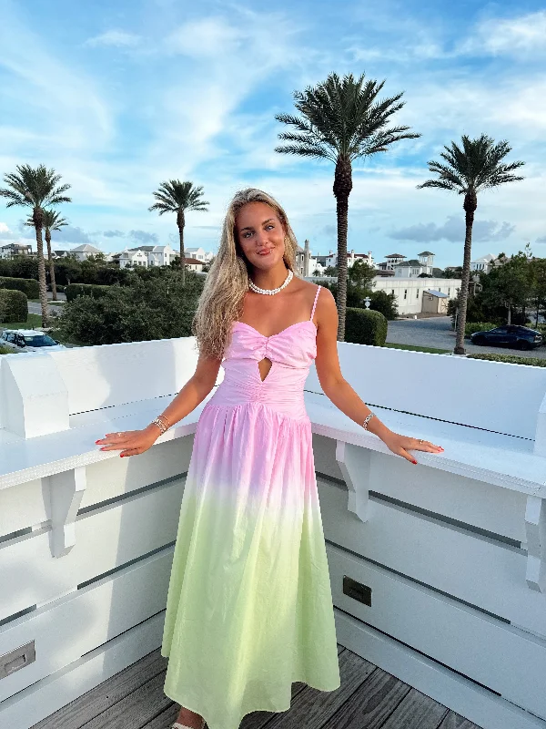 Sunset Maxi Dress - Pink/Lime Ombre Comfortable Bohemian Maxi Dress