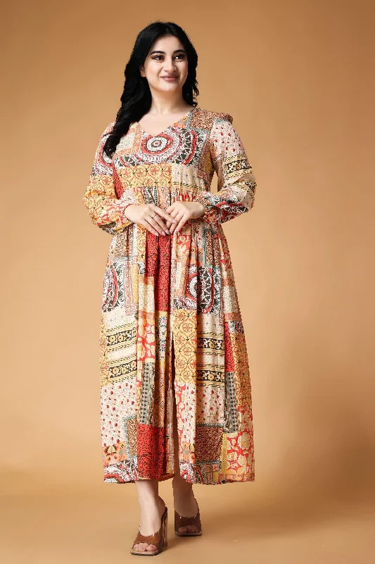 Multicolored Patch Printed Maxi Dress Elegant Maxi Dress with Ruffles