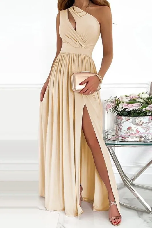 Solid One Shoulder Party/Elegant Maxi Dress Cozy Ruffle Sleeve Maxi Dress