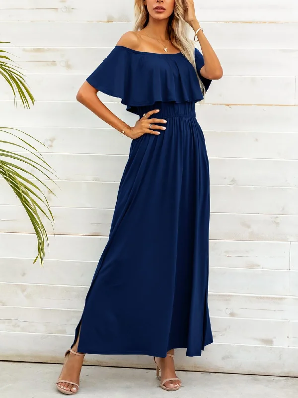 Off-Shoulder Slit Maxi Dress Comfortable Pleated Maxi Dress