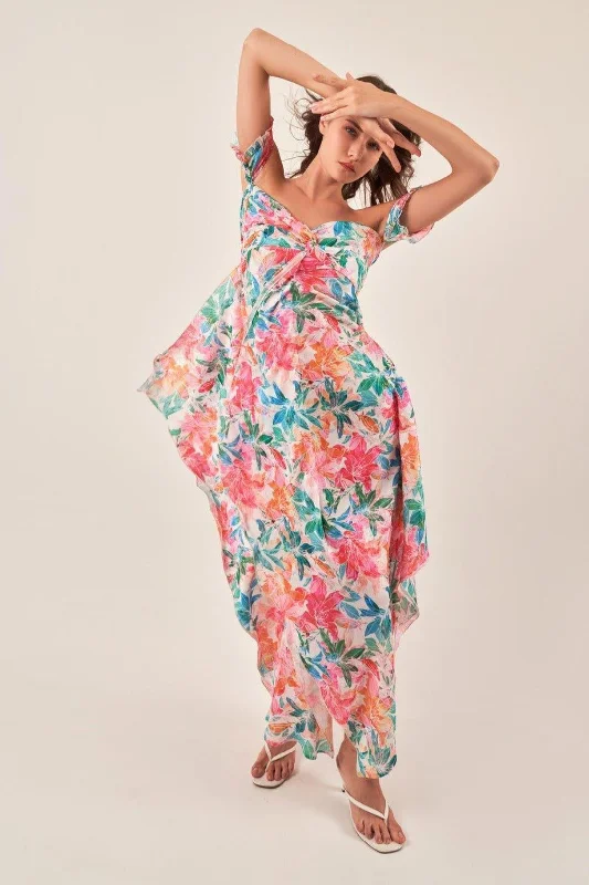OFF-SHOULDER TROPICAL PRINT MAXI DRESS Elegant Silk Maxi Dress