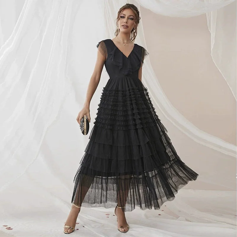 Party V Neck Mesh Formal Maxi Dress Trendy Short Sleeve Maxi Dress