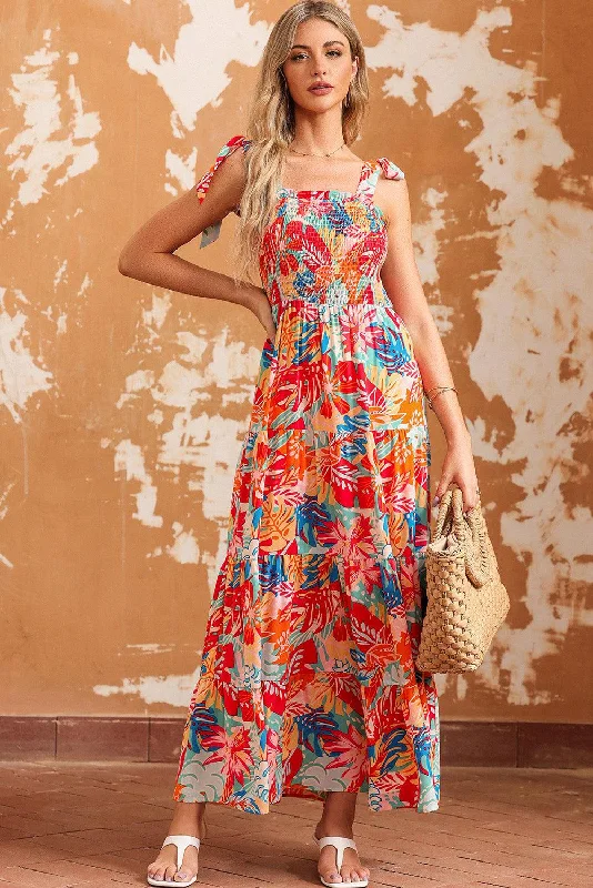 Printed Tie Shoulder Smocked Tiered Maxi Dress Chic Sleeveless Maxi Dress