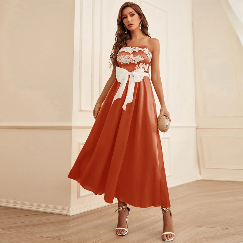 Ribbon Slim Fit Belted Maxi Dress Trendy Short Sleeve Maxi Dress