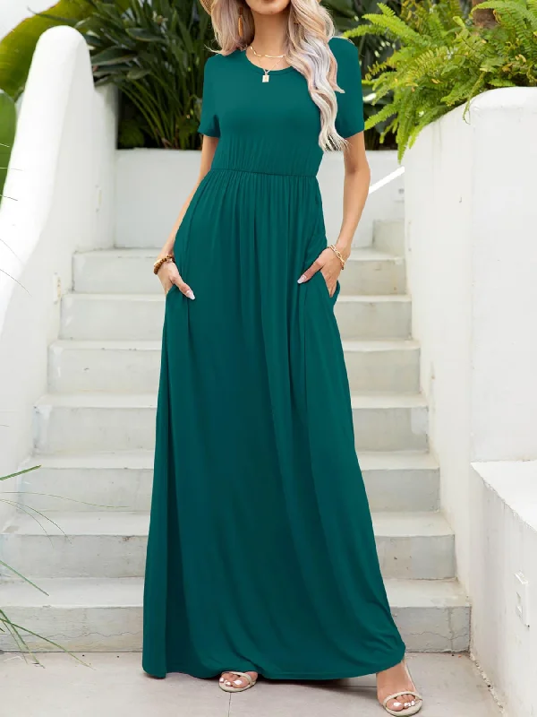 Round Neck Short Sleeve Maxi Dress with Pockets Trendy Satin Maxi Dress
