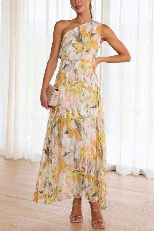 Lilipretty Saw An Angel Floral One Shoulder Elastic Waist Pleated Maxi Dress Fashionable Halter Neck Maxi Dress