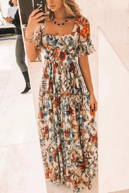 Zjkrl - Sexy Short Sleeves Floral Print Off Shoulder Maxi Dress Cozy Maxi Dress with Slit Zjkrl - Sexy Short Sleeves Floral Print Off Shoulder Maxi Dress Cozy Maxi Dress with Slit