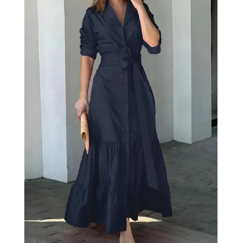 Zjkrl - Solid Button Front Belted Dress, Elegant Ruched Sleeve Ruffle Trim Maxi Dress, Women's Clothing Trendy Maxi Dress with Straps
