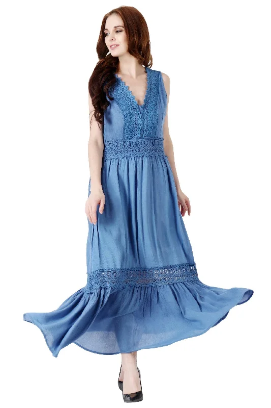 Solid Frill Maxi Dress with Lace Trendy Button Front Maxi Dress
