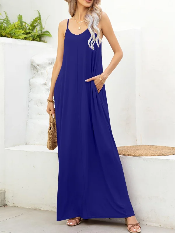 Spaghetti Strap V-Neck Maxi Dress with Pockets Comfortable Bohemian Maxi Dress