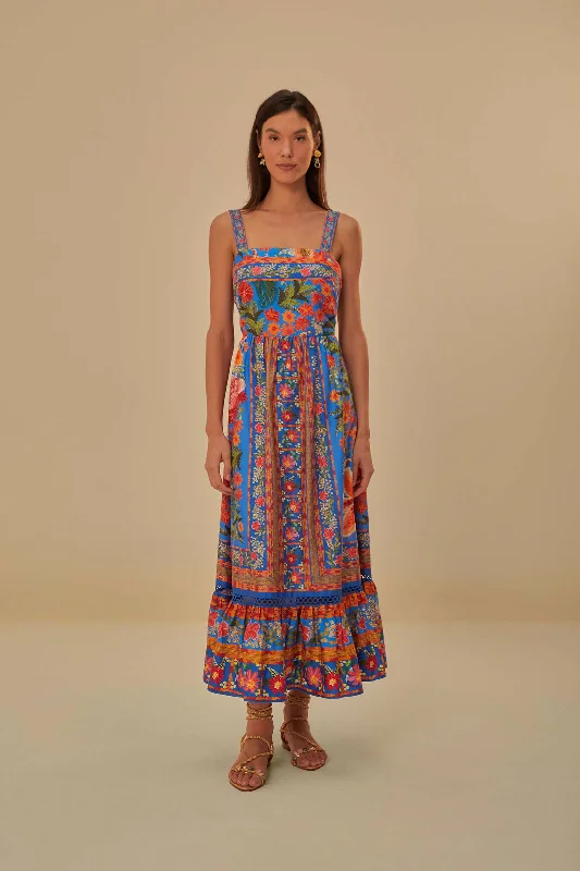 Stitched Garden Blue Maxi Dress Elegant Wraparound Maxi Dress