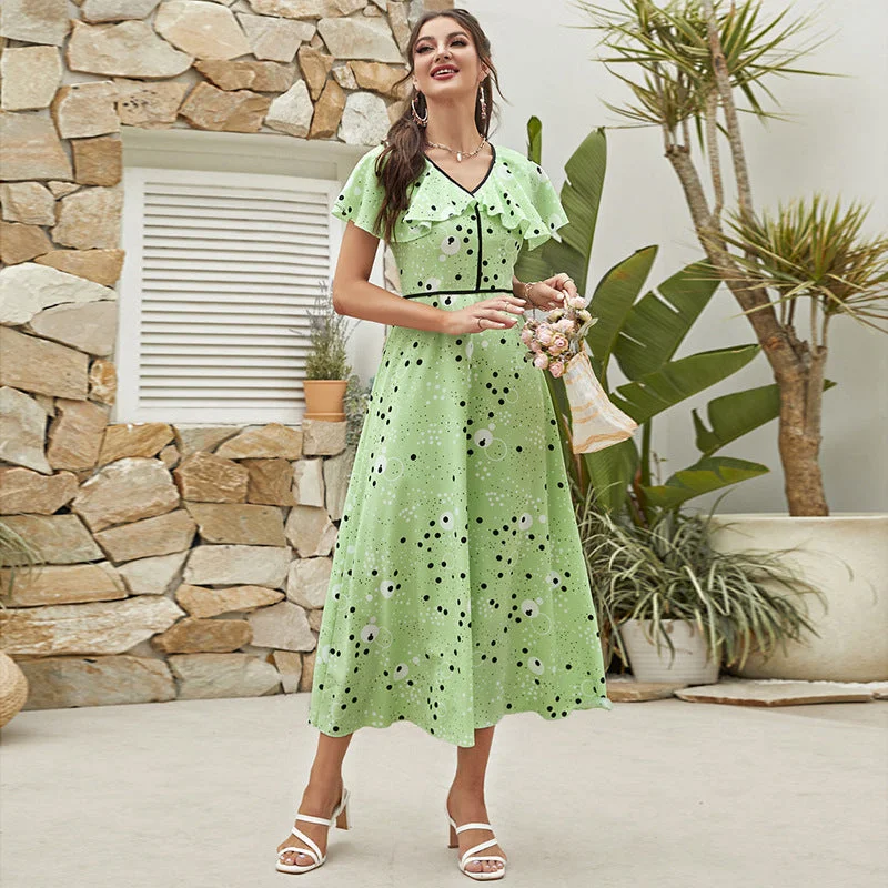 V Neck High Waist Slim Fit Sweet Maxi Dress Elegant Pleated Maxi Dress
