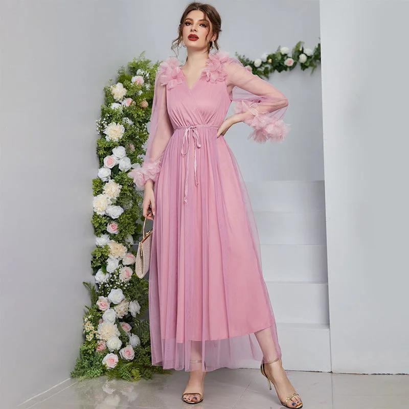 V Neck Long Sleeve High Waist Lace Maxi Dress Stylish Pleated A-Line Maxi Dress