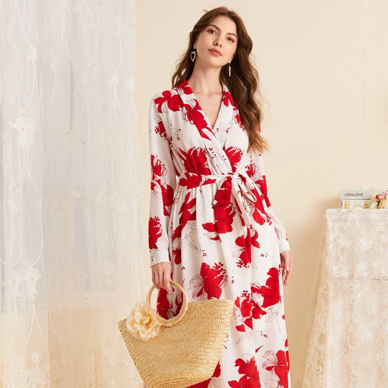 V Neck Long Sleeve Maxi Dress Trendy A-Line Maxi Dress