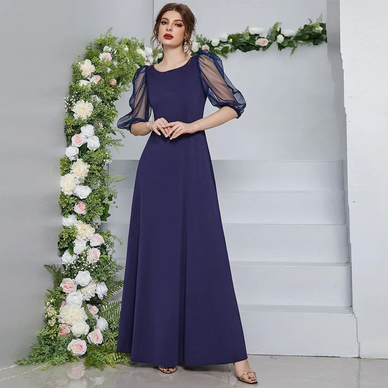 Voile Round Neck Half Sleeve Maxi Dress Comfortable Maxi Dress with Slits