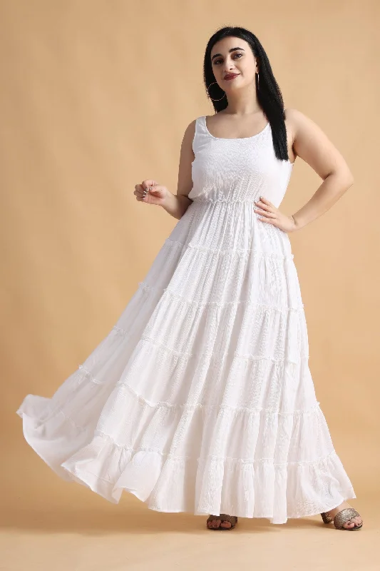 White Solid Frill Maxi Dress Classic Strapless Maxi Dress