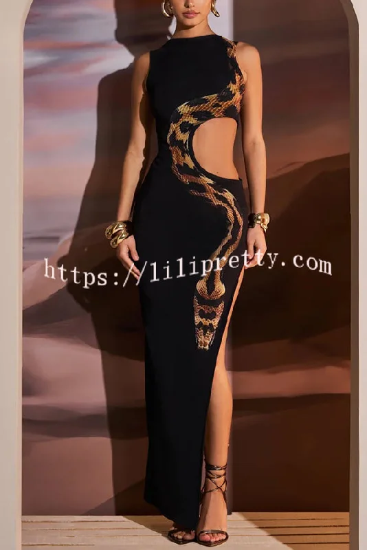 Wild Charm Snake Pattern Cut Out Detail Slit Stretch Maxi Dress Stylish Empire Waist Maxi Dress
