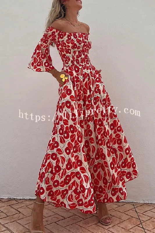 Close To The Vacation Floral Print Smocked Off Shoulder Pocketed Maxi Dress Trendy Ruffled Maxi Dress