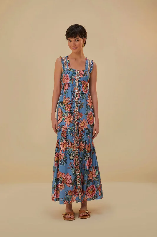 Wonderful Bouquet Blue Sleeveless Maxi Dress Stylish Off-Shoulder Maxi Dress