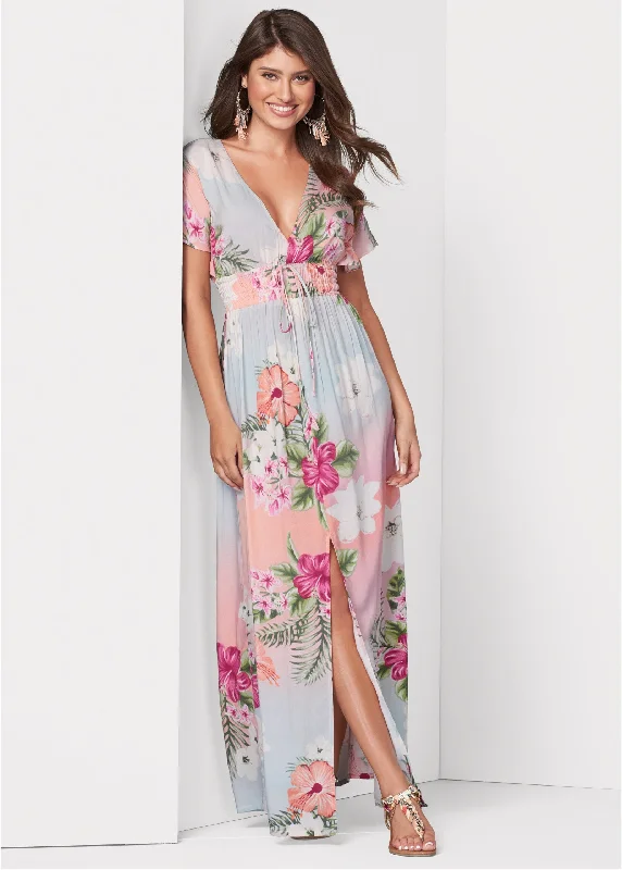 Floral Maxi Dress - Light Pink Multi Elegant Wraparound Maxi Dress