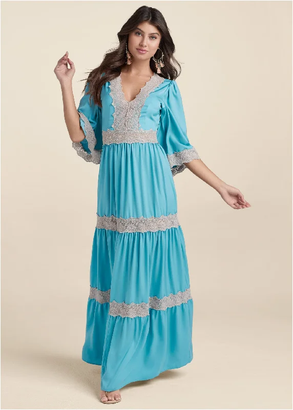 Lace Detail Maxi Dress - Aqua Multi Elegant Sleeveless Maxi Dress