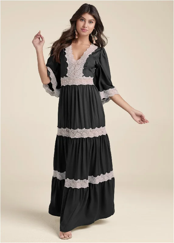 Lace Detail Maxi Dress - Black Multi Cozy Cold-Shoulder Maxi Dress