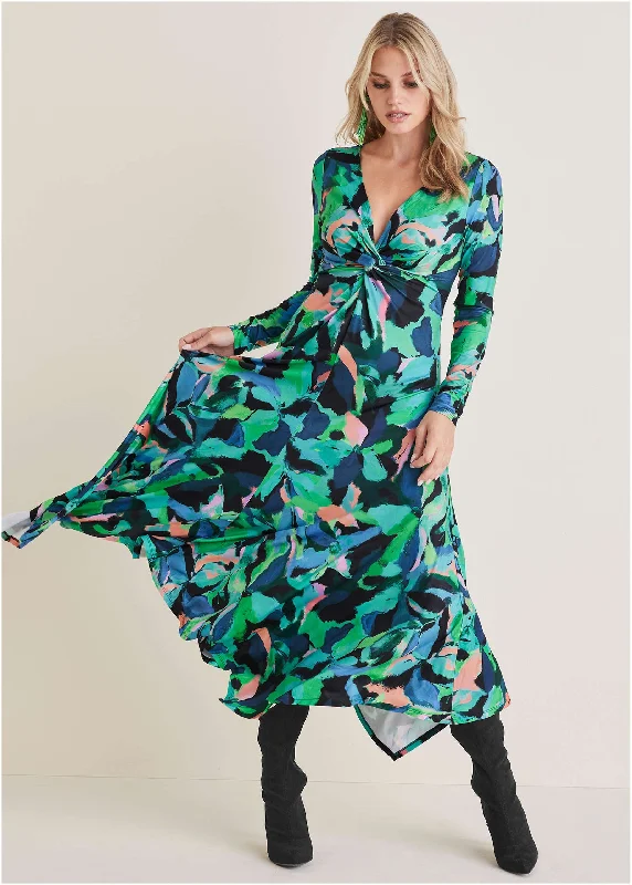 Plunge Twist Maxi Dress - Brushed Petals Comfortable Maxi Dress with Slits
