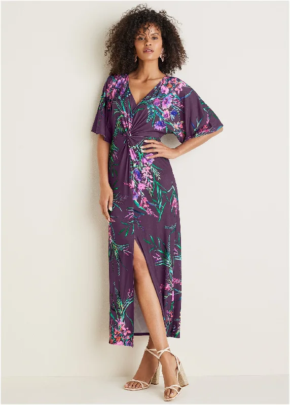 Twist Front Maxi Dress - Regal Wildflowers Trendy Maxi Dress with Belt