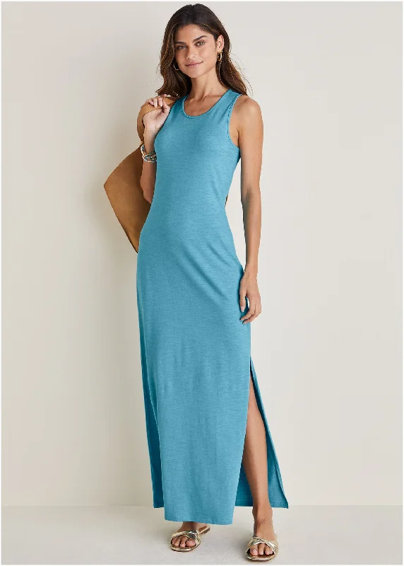 Tank Maxi Dress - Blue Cozy Maxi Dress with Slit