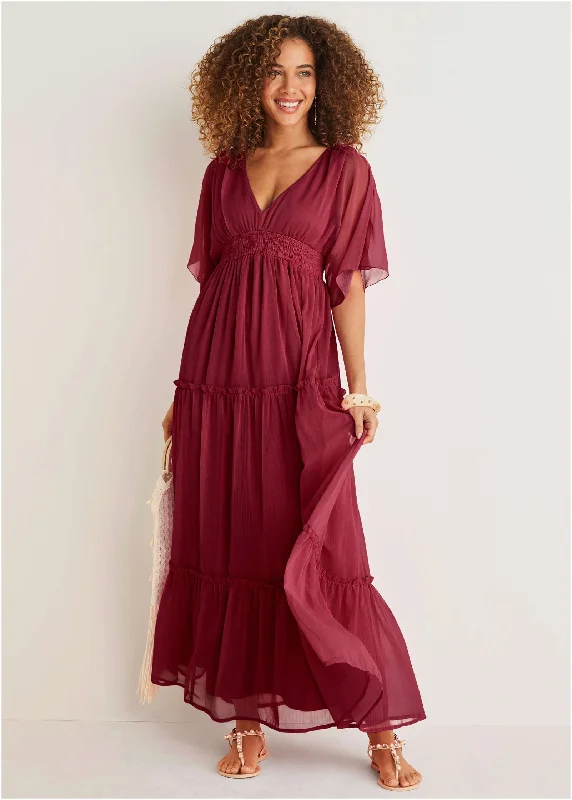 Flutter Sleeve Maxi Dress - Wine Fashionable Off-Shoulder Maxi Dress