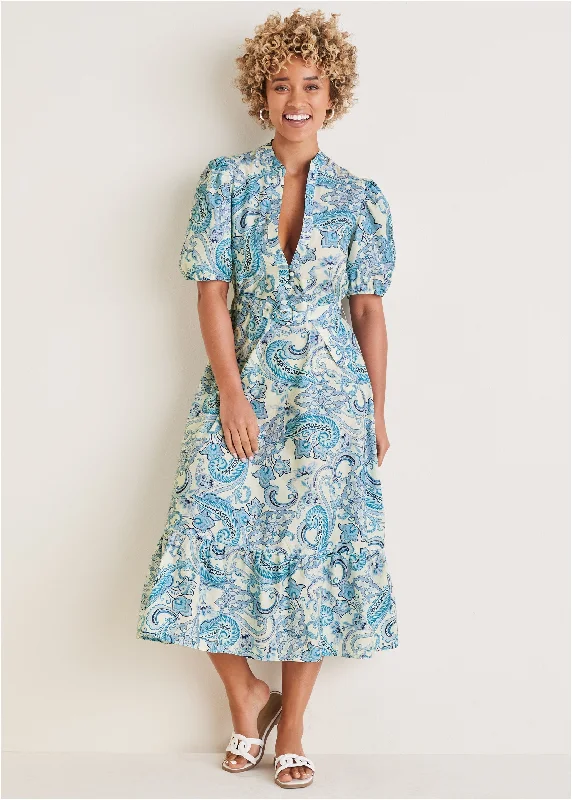 Belted Maxi Dress - Blue Paisley Swirls Fashionable Maxi Dress with Fringe