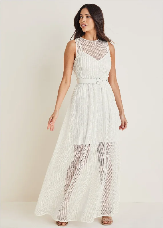 Diamond Lace Maxi Dress - Off White Fashionable High-Waist Maxi Dress