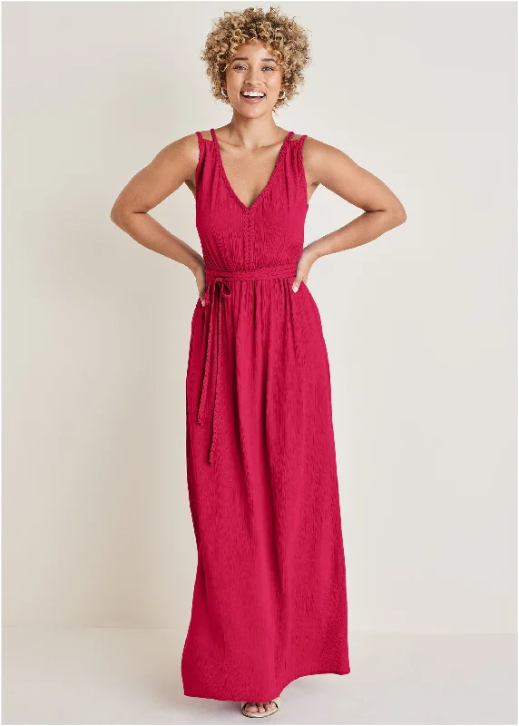 Braided Detail Maxi Dress - Barberry Cozy Ruffle Sleeve Maxi Dress