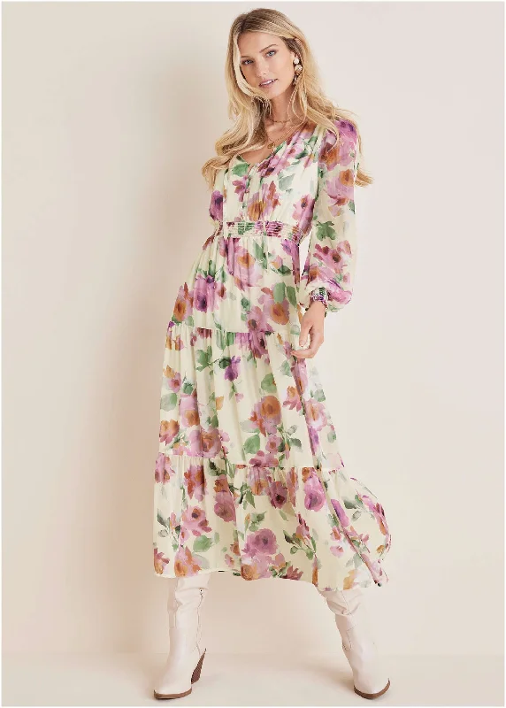 Tiered Floral Maxi Dress - Chalet Bouquet Cozy Ribbed Maxi Dress
