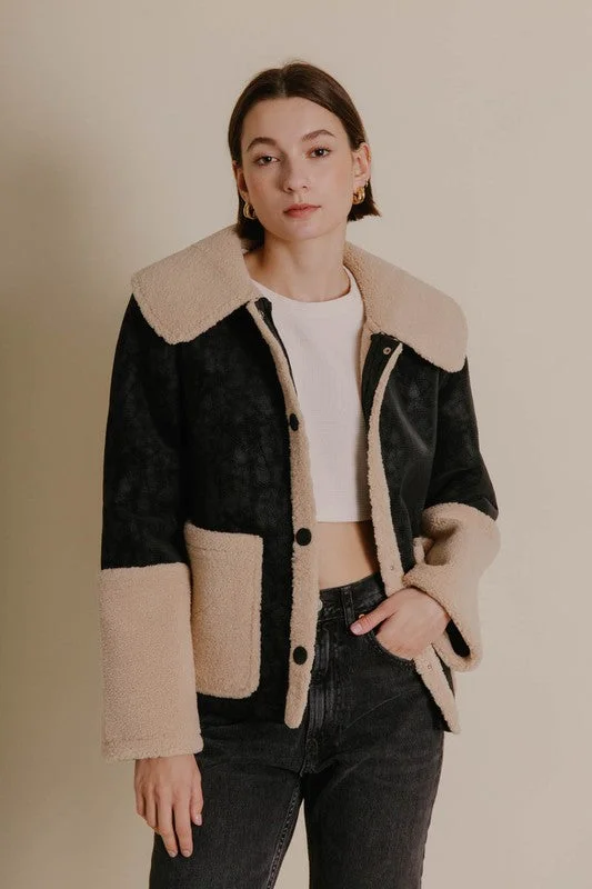 Shearling Contrast Vegan Leather Jacket One-Shoulder Jacket Off-the-Shoulder Jacket Asymmetrical Jacket