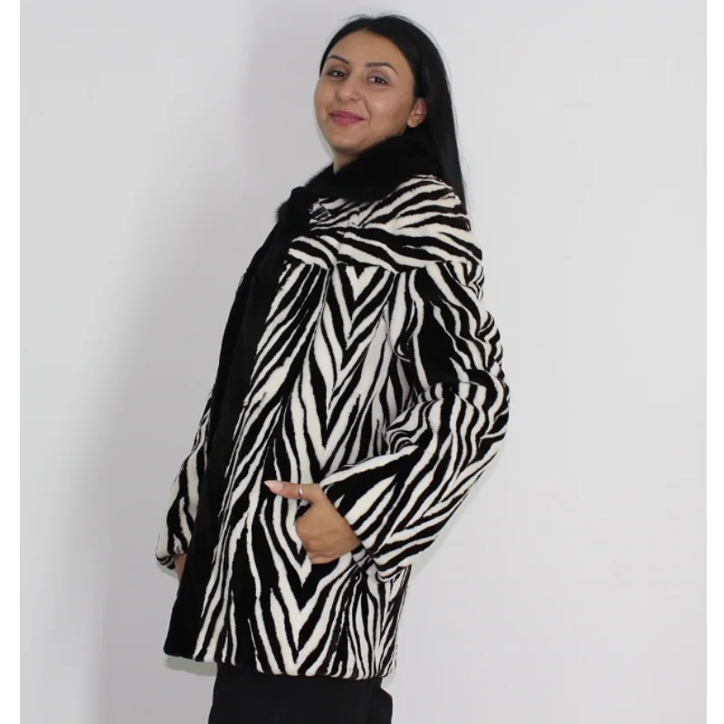 ALPHA Black and white shaved mink pieces jacket Zip Front Button Front Snap Front