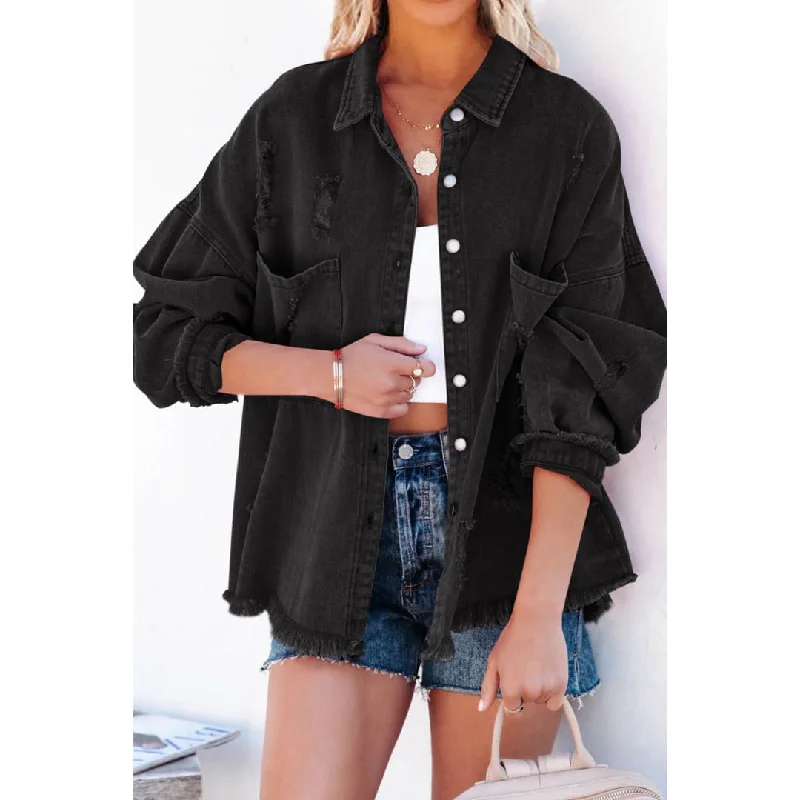 Black Distressed Fringe Trim Denim Jacket Welt Pockets Slit Pockets Flap Pockets