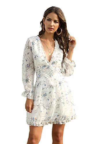 Bohemian Ruffled Floral Print Mini Dress Long Sleeve V Neck Backless Boho Dresses Women for Casual Party Wedding Stylish Sweetheart Mini Dress