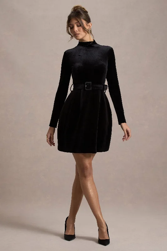 Charm | Black Velvet Turtleneck Long-Sleeve Belted Mini Dress Elegant Floral-Print Mini Dress