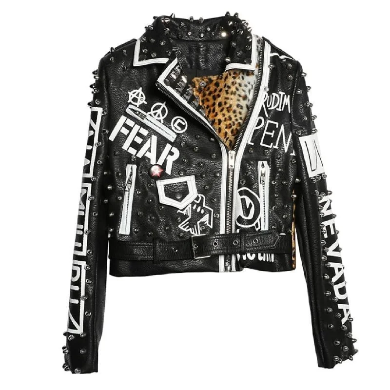 CRLLfish Leopard Riveted Leather Jacket [In Store] A-Line Jacket Boat Neck Shawl Collar