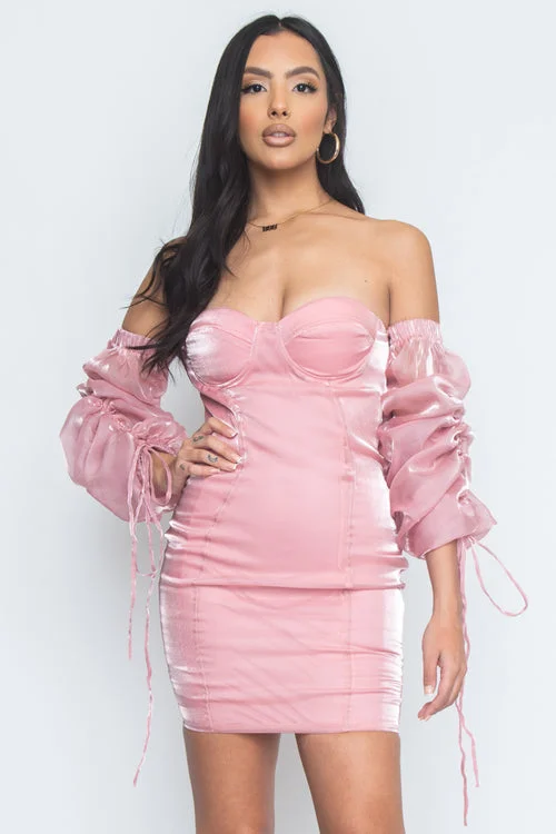 Off The Shoulder 3/4 Puff Ruched Sleeve Mini Dress In Pink (DR1790) Cozy Satin Mini Dress