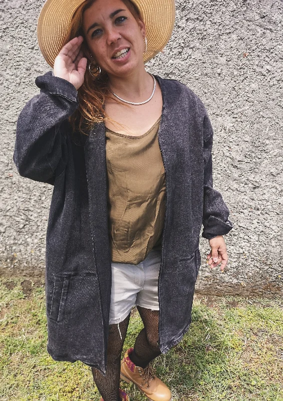 SUMMER DRESS/JACKET V-NECK ZIP - DENIM washed black Tiered Jacket Buttoned Jacket Zippered Jacket