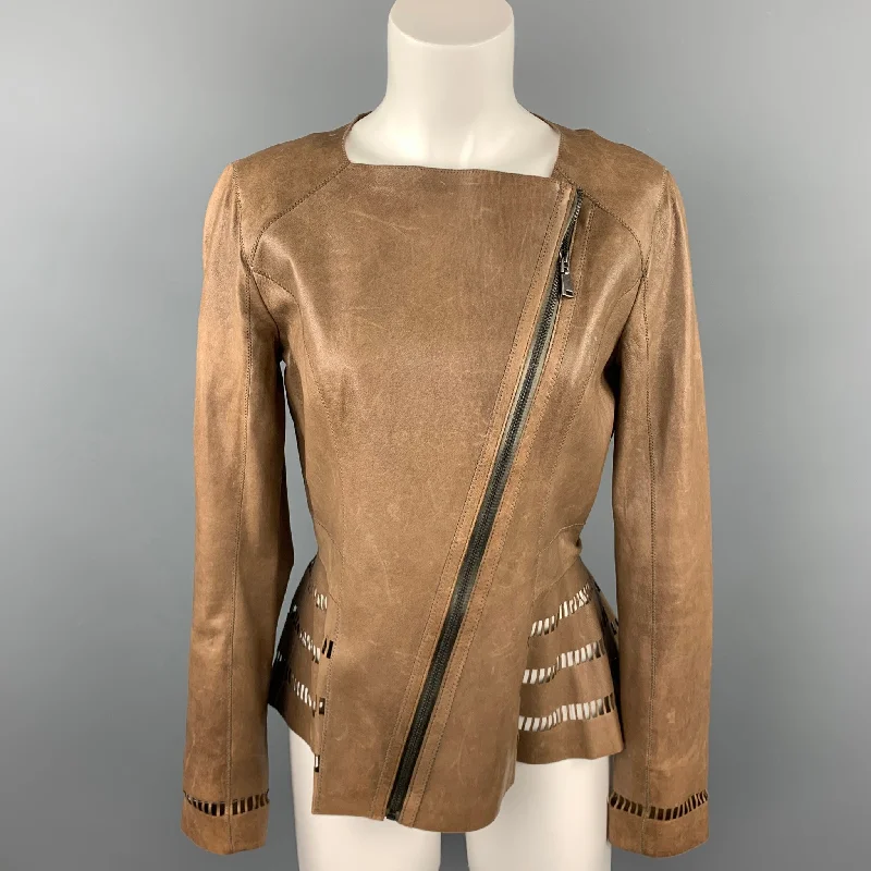 ELIE TAHARI Size S Brown Perforated Leather Asymmetrical Jacket Herringbone Jacket Houndstooth Jacket Plaid Jacket
