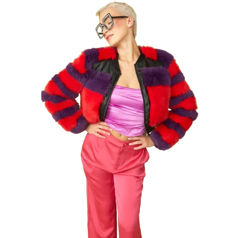 Faux Fur Stripe Hand Made Jacket Collared Jacket Crew Neck Jacket Turtle Neck Jacket