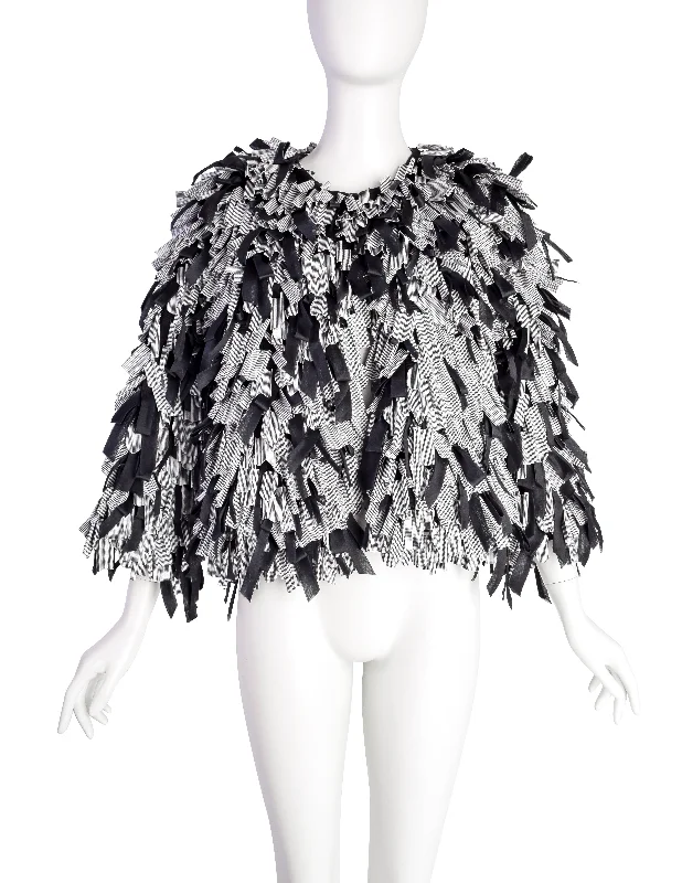 Gianfranco Ferre Vintage Black White Plastic Houndstooth Disc Embellished Mixed Media Cropped Jacket Satin Jacket Silk Jacket Chiffon Jacket