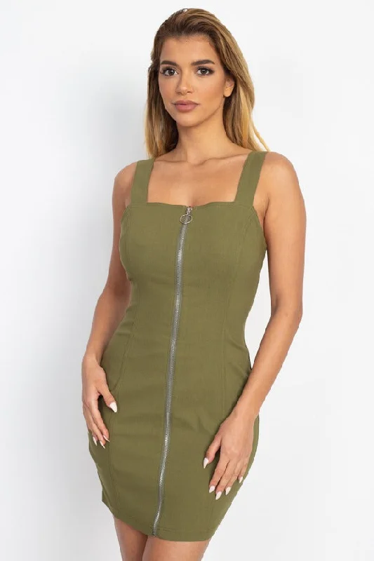 Front Zip Mini Dress Chic Puff Sleeve Mini Dress