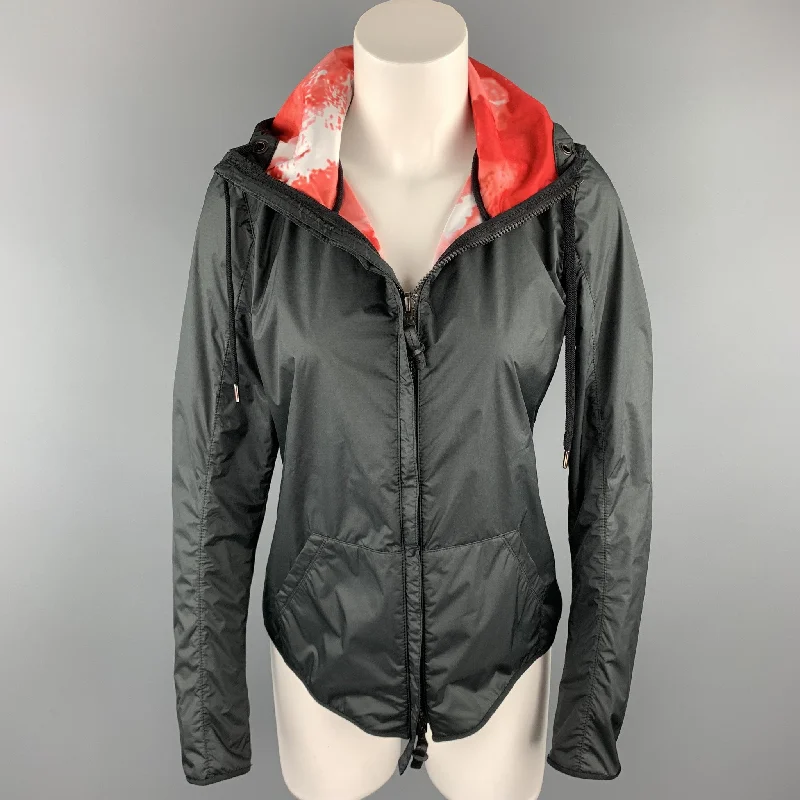 KRU Size 4 Black & Red Polyamide Reversible Hooded Jacket Hooded Jacket Caped Jacket Shawl Collar Jacket