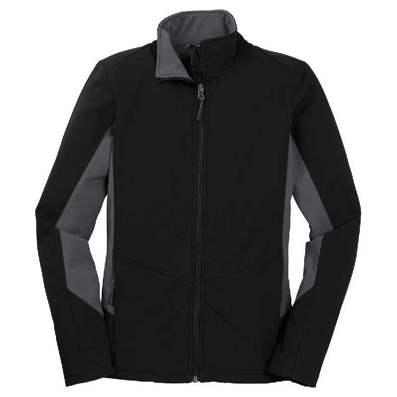 Port Authority Women's Black/Battleship Grey Core Colorblock Soft Shell Jacket Welt Pockets Slit Pockets Flap Pockets