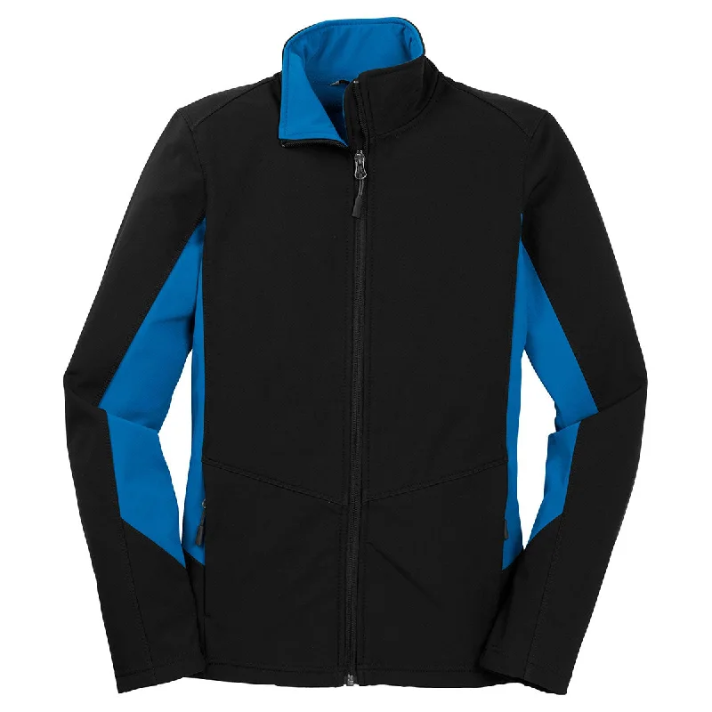Port Authority Women's Black/Imperial Blue Core Colorblock Soft Shell Jacket Toggled Jacket Drawstring Jacket Belted Jacket